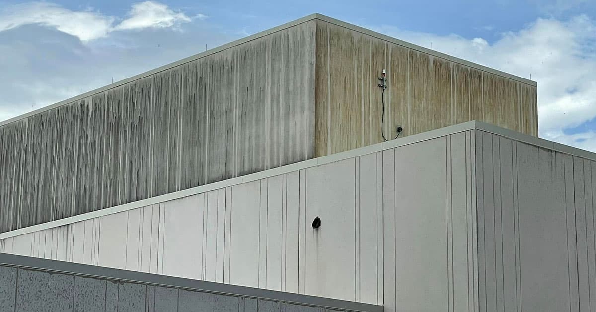 Before: A commercial building before and after exterior pressure washing
