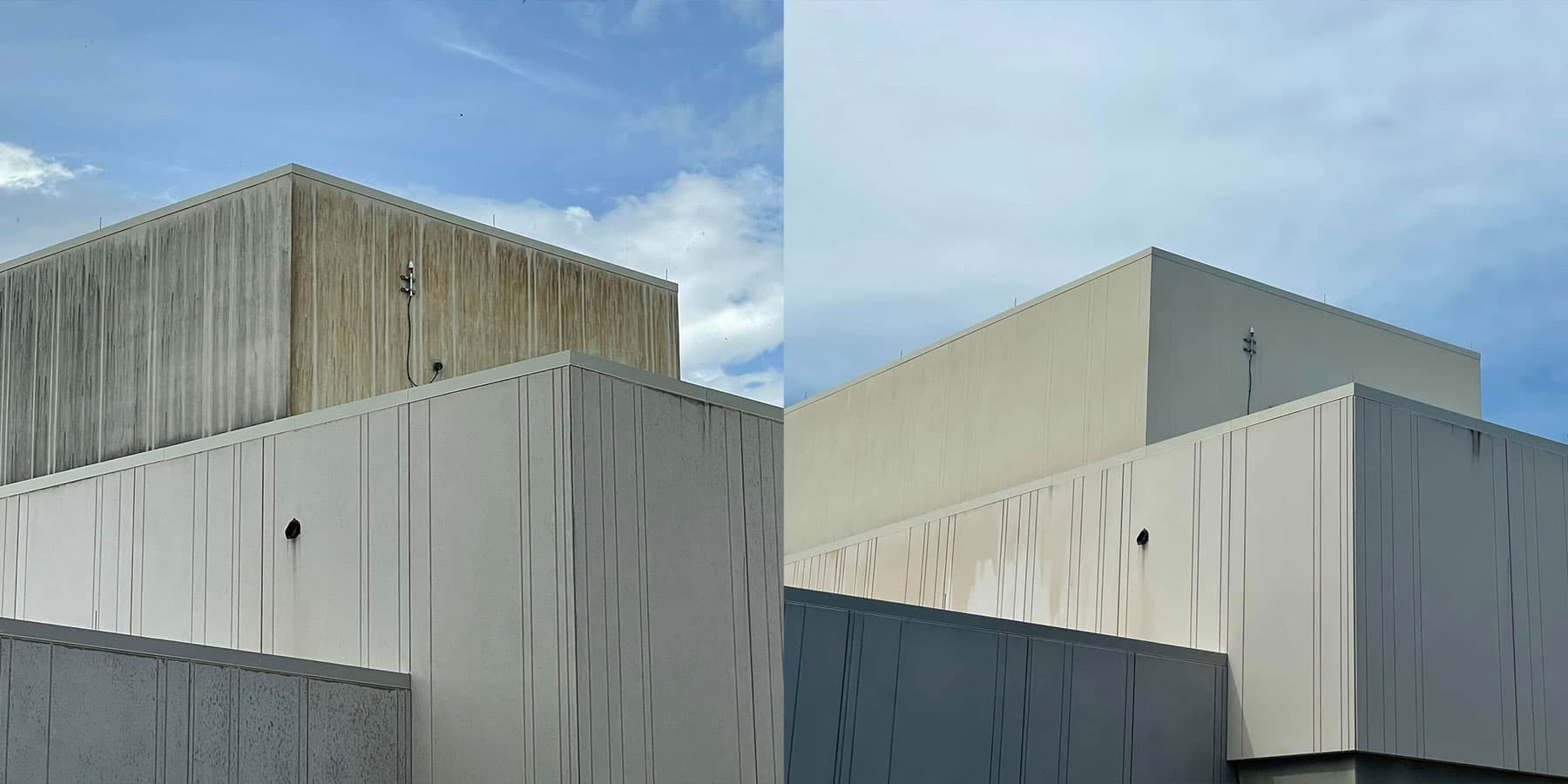 A commercial building exterior after soft washing, with clean walkways and brightened walls