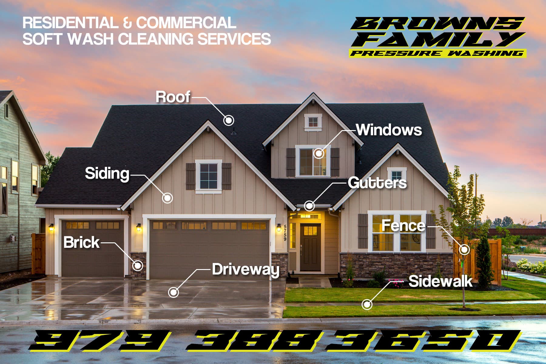 A freshly washed home exterior with clean siding and driveway