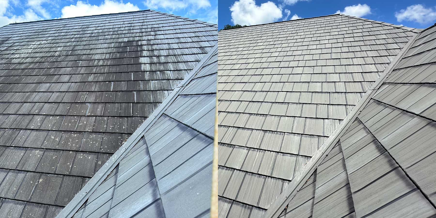 Soft washing in progress on a shingle roof, lifting black algae streaks without high pressure