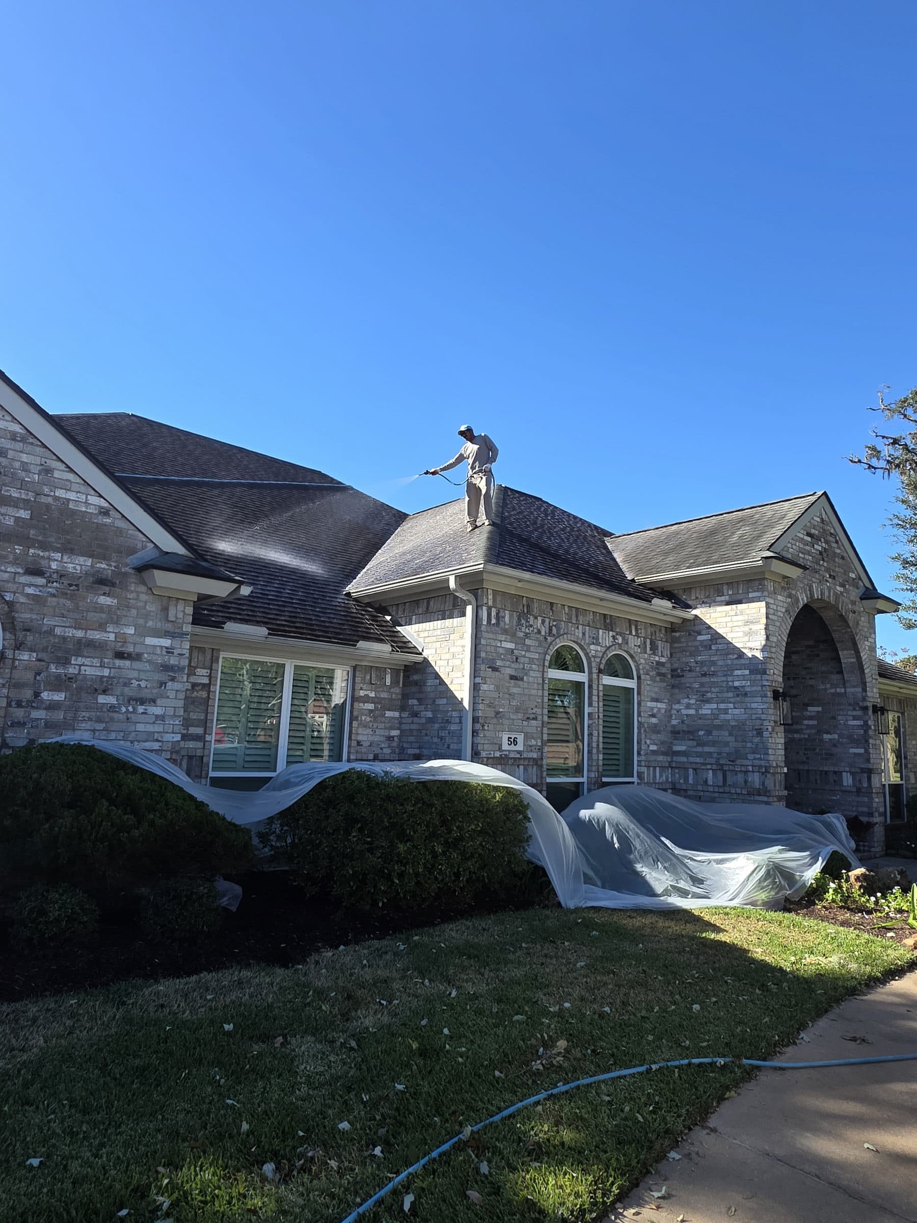 A shingle roof part way through a soft wash, the cleaned slope beside the untreated black streaking